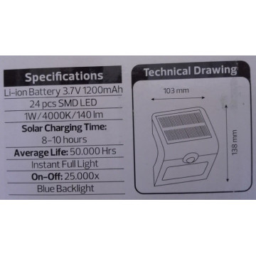 LED solarna lampa SIRIUS-1 1W 4000K sa PIR senzorom