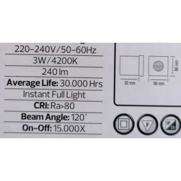 Nadgradno-ugradna LED lampa sa PIR senzorom GOLD 3W 4200K IP20 bela