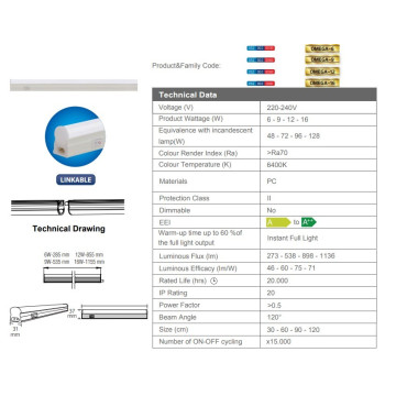LED strela 28,3 cm OMEGA-6 HL3011L 6w 6400K sa prekidačem