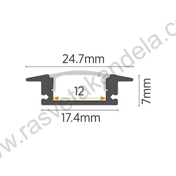 Aluminijumski profil crni ugradno-nadgradni set sa difuzorom M508-C 2000x24.7x7mm