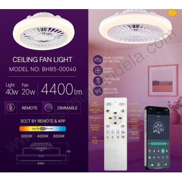 Plafonski ventilator sa LED svetlom 40W 3CCT+daljinski+APP