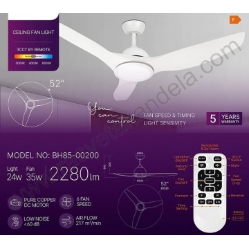 Luster ventilator sa LED svetlom 24W 3CCT beli sa daljinskim