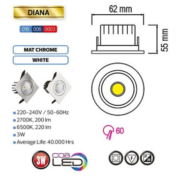 LED rozetna usmeriva 3W HL6741L DIANA 6500K mat hrom